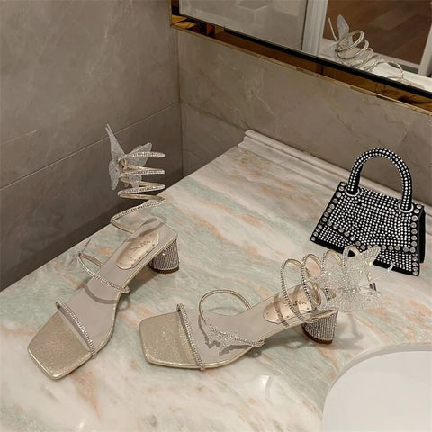 New Arrivals Narrow Band Butterfly Rhinestone Open Toe Thick Mid Heel Sandal CODE: KAR2502