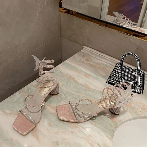 New Arrivals Narrow Band Butterfly Rhinestone Open Toe Thick Mid Heel Sandal CODE: KAR2502