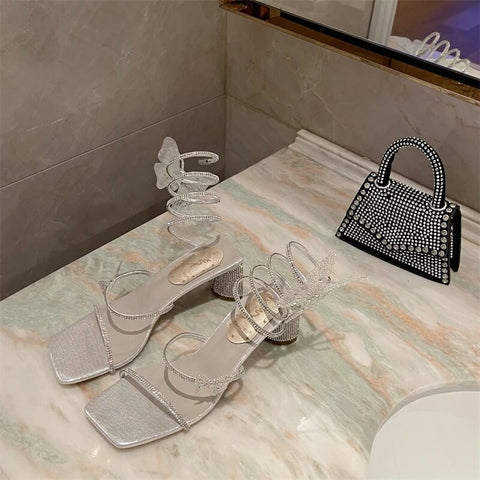 New Arrivals Narrow Band Butterfly Rhinestone Open Toe Thick Mid Heel Sandal CODE: KAR2502