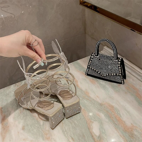 New Arrivals Narrow Band Butterfly Rhinestone Open Toe Thick Mid Heel Sandal CODE: KAR2502