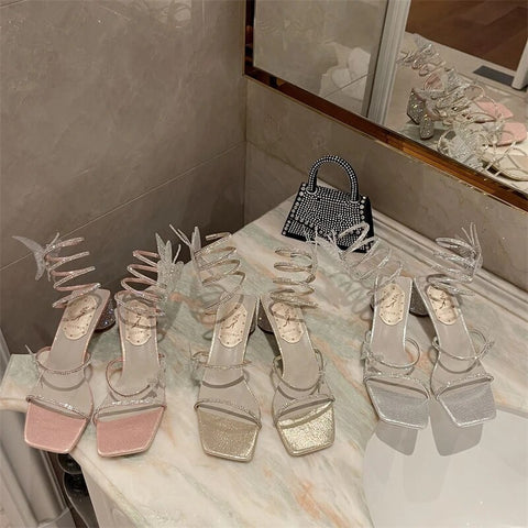 New Arrivals Narrow Band Butterfly Rhinestone Open Toe Thick Mid Heel Sandal CODE: KAR2502