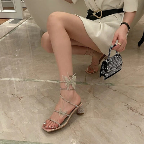 New Arrivals Narrow Band Butterfly Rhinestone Open Toe Thick Mid Heel Sandal CODE: KAR2502