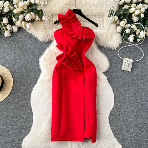 Summer Fashion Strapless Sleeveless Pleated Off Shoulder Ruffle Bodycon Dress CODE: KAR2503