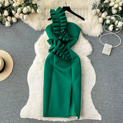 Summer Fashion Strapless Sleeveless Pleated Off Shoulder Ruffle Bodycon Dress CODE: KAR2503