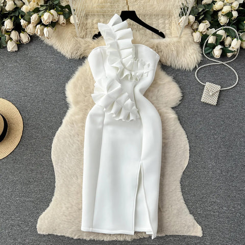 Summer Fashion Strapless Sleeveless Pleated Off Shoulder Ruffle Bodycon Dress CODE: KAR2503