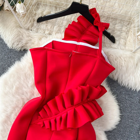 Summer Fashion Strapless Sleeveless Pleated Off Shoulder Ruffle Bodycon Dress CODE: KAR2503