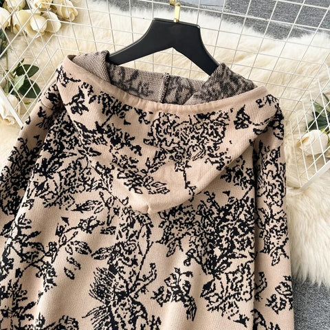 winter Fashion Floral print Hooded Zip cardigan sweater High Waist Wide Leg Pant Set CODE: KAR2506