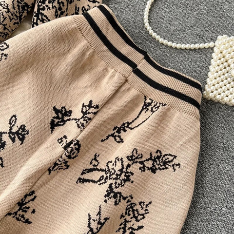 winter Fashion Floral print Hooded Zip cardigan sweater High Waist Wide Leg Pant Set CODE: KAR2506