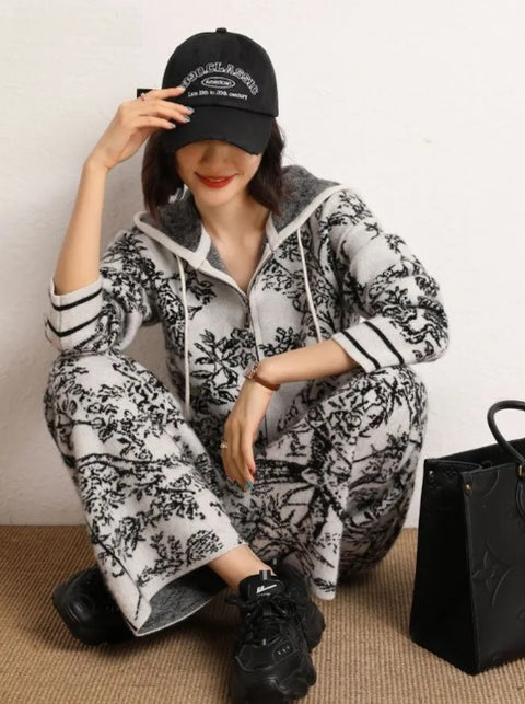 winter Fashion Floral print Hooded Zip cardigan sweater High Waist Wide Leg Pant Set CODE: KAR2506