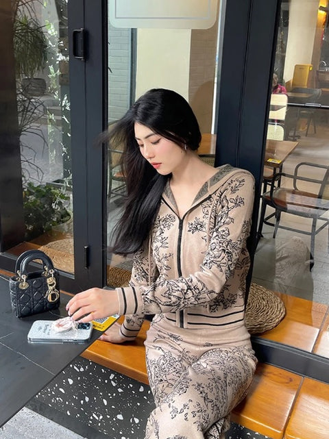 winter Fashion Floral print Hooded Zip cardigan sweater High Waist Wide Leg Pant Set CODE: KAR2506
