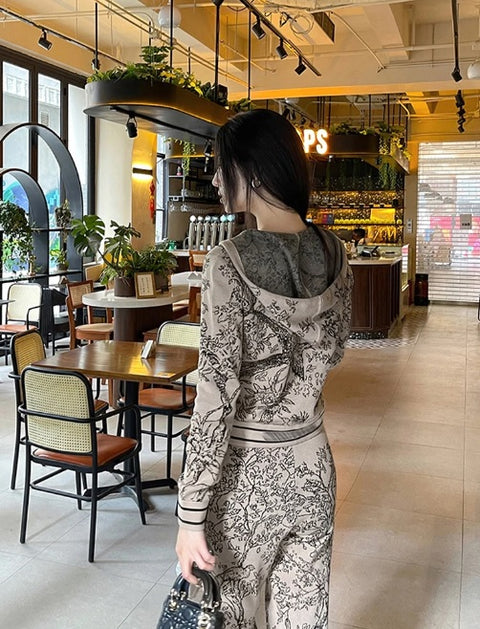 winter Fashion Floral print Hooded Zip cardigan sweater High Waist Wide Leg Pant Set CODE: KAR2506