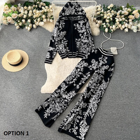 winter Fashion Floral print Hooded Zip cardigan sweater High Waist Wide Leg Pant Set CODE: KAR2506
