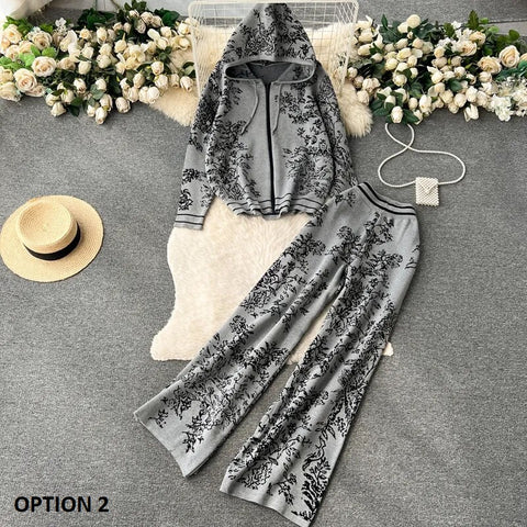 winter Fashion Floral print Hooded Zip cardigan sweater High Waist Wide Leg Pant Set CODE: KAR2506