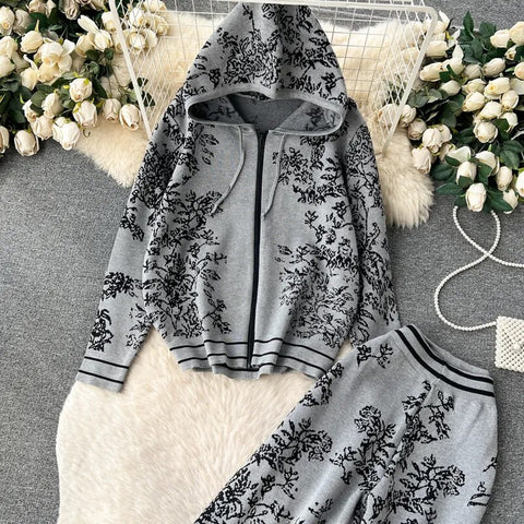 winter Fashion Floral print Hooded Zip cardigan sweater High Waist Wide Leg Pant Set CODE: KAR2506