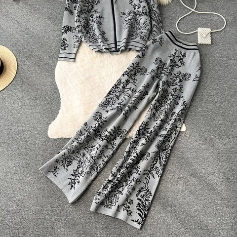 winter Fashion Floral print Hooded Zip cardigan sweater High Waist Wide Leg Pant Set CODE: KAR2506