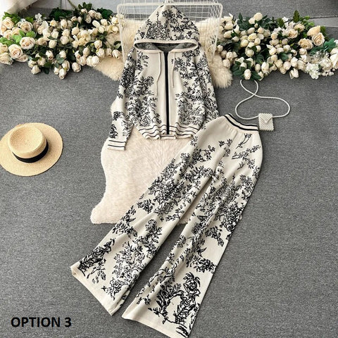 winter Fashion Floral print Hooded Zip cardigan sweater High Waist Wide Leg Pant Set CODE: KAR2506