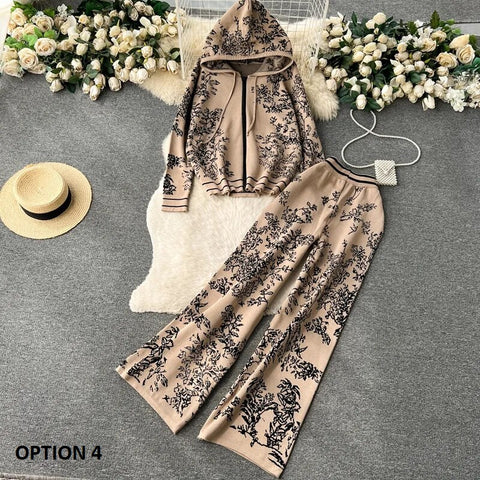 winter Fashion Floral print Hooded Zip cardigan sweater High Waist Wide Leg Pant Set CODE: KAR2506