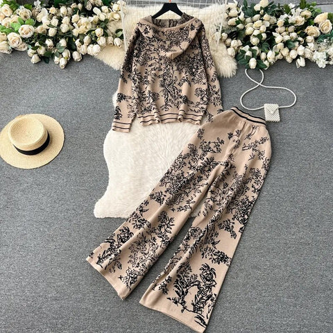 winter Fashion Floral print Hooded Zip cardigan sweater High Waist Wide Leg Pant Set CODE: KAR2506