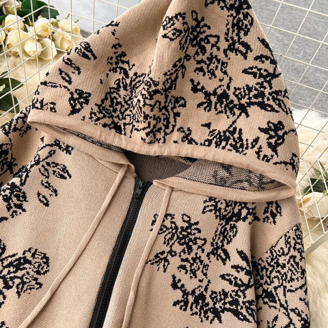 winter Fashion Floral print Hooded Zip cardigan sweater High Waist Wide Leg Pant Set CODE: KAR2506