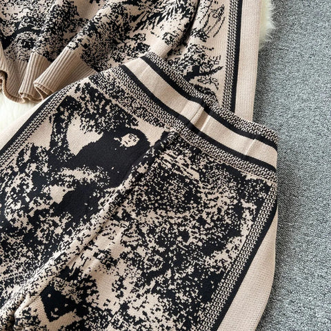 New Autumn Winter Knitted Printing Round Neck Fashion Knit Shirt + Wide Leg Pant Set CODE: KAR2507