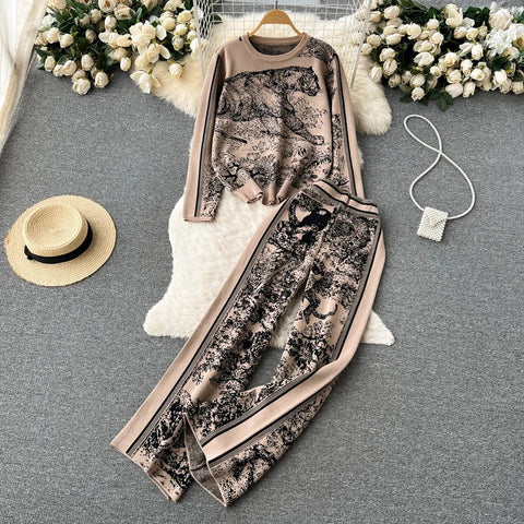 New Autumn Winter Knitted Printing Round Neck Fashion Knit Shirt + Wide Leg Pant Set CODE: KAR2507