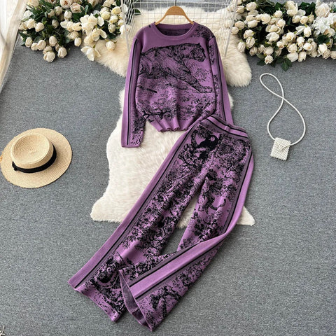 New Autumn Winter Knitted Printing Round Neck Fashion Knit Shirt + Wide Leg Pant Set CODE: KAR2507