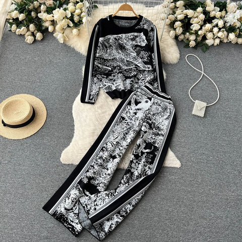 New Autumn Winter Knitted Printing Round Neck Fashion Knit Shirt + Wide Leg Pant Set CODE: KAR2507