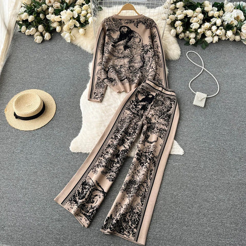 New Autumn Winter Knitted Printing Round Neck Fashion Knit Shirt + Wide Leg Pant Set CODE: KAR2507