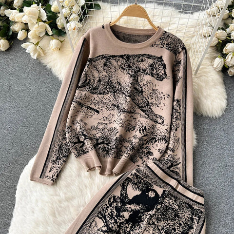 New Autumn Winter Knitted Printing Round Neck Fashion Knit Shirt + Wide Leg Pant Set CODE: KAR2507