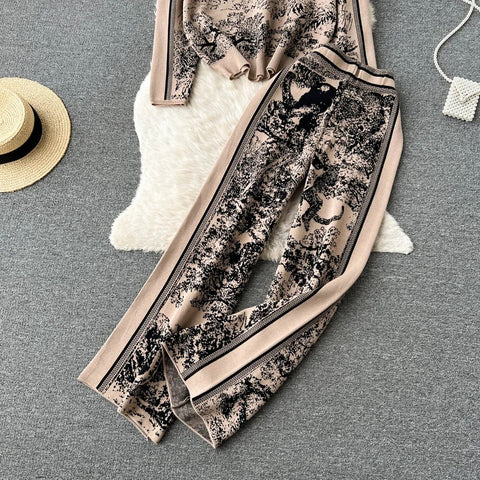New Autumn Winter Knitted Printing Round Neck Fashion Knit Shirt + Wide Leg Pant Set CODE: KAR2507