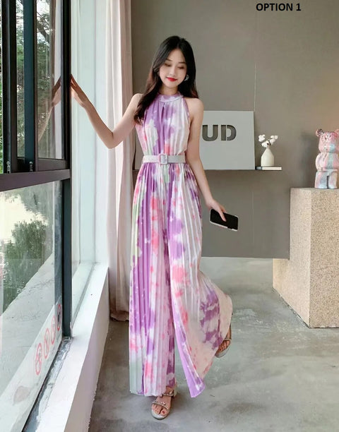 New Summer Fashion Sleeveless Belt Print Pleated Wide Leg Long Pant Jumpsuit CODE: KAR2508