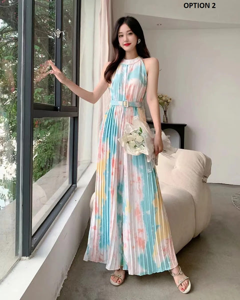 New Summer Fashion Sleeveless Belt Print Pleated Wide Leg Long Pant Jumpsuit CODE: KAR2508