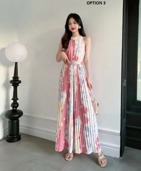 New Summer Fashion Sleeveless Belt Print Pleated Wide Leg Long Pant Jumpsuit CODE: KAR2508