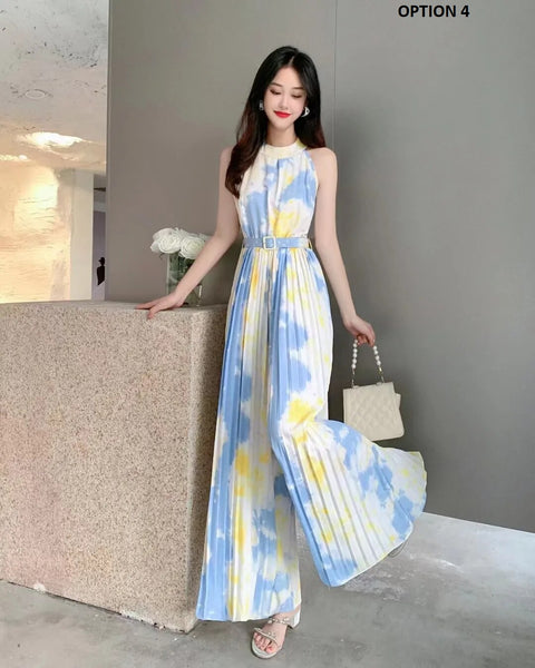 New Summer Fashion Sleeveless Belt Print Pleated Wide Leg Long Pant Jumpsuit CODE: KAR2508