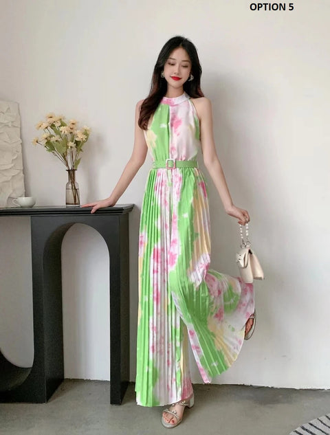 New Summer Fashion Sleeveless Belt Print Pleated Wide Leg Long Pant Jumpsuit CODE: KAR2508