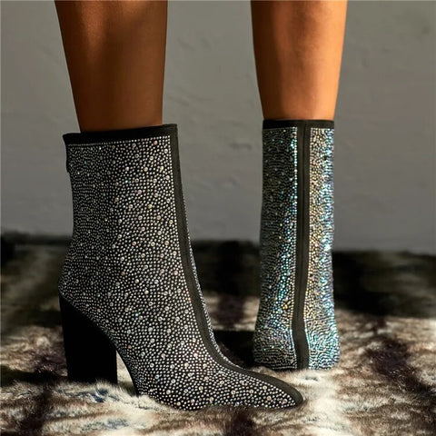 Sexy Luxury Banquet Pointed Thick Square Heels Shiny Rhinestone Boot CODE: KAR2517