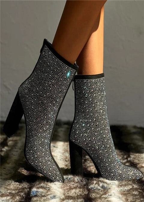 Sexy Luxury Banquet Pointed Thick Square Heels Shiny Rhinestone Boot CODE: KAR2517