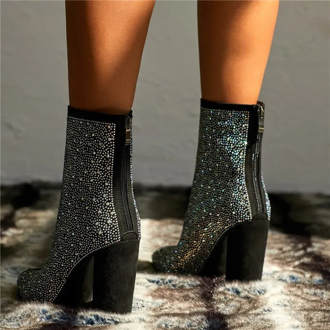 Sexy Luxury Banquet Pointed Thick Square Heels Shiny Rhinestone Boot CODE: KAR2517