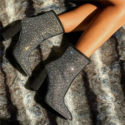 Sexy Luxury Banquet Pointed Thick Square Heels Shiny Rhinestone Boot CODE: KAR2517