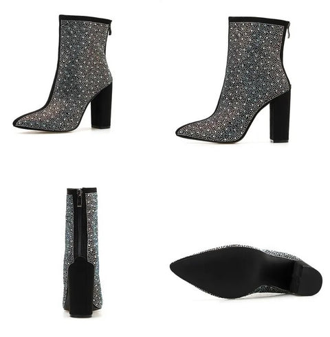 Sexy Luxury Banquet Pointed Thick Square Heels Shiny Rhinestone Boot CODE: KAR2517