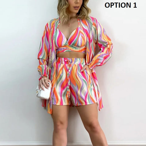 Sexy Casual Fashion Printed High Waist Bikini Long Sleeve Short 3 Pieces Set CODE: KAR2519