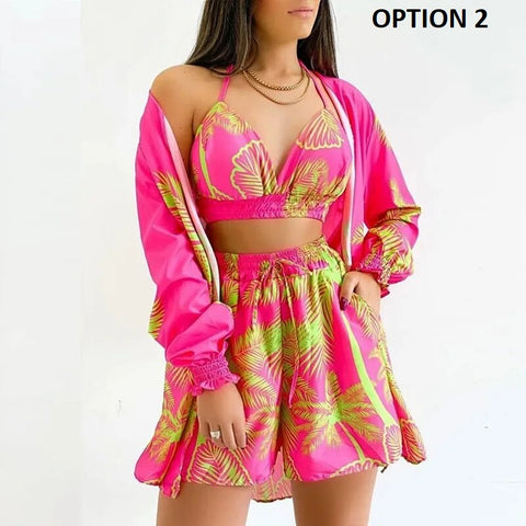 Sexy Casual Fashion Printed High Waist Bikini Long Sleeve Short 3 Pieces Set CODE: KAR2519