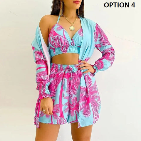 Sexy Casual Fashion Printed High Waist Bikini Long Sleeve Short 3 Pieces Set CODE: KAR2519
