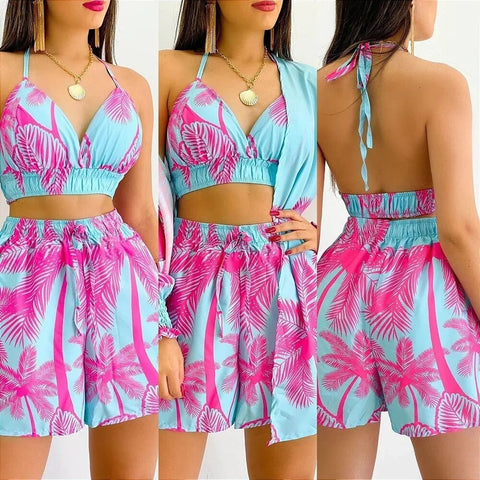 Sexy Casual Fashion Printed High Waist Bikini Long Sleeve Short 3 Pieces Set CODE: KAR2519