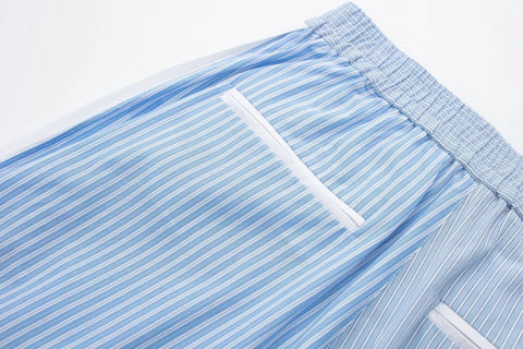 New Fashion  Basic Blue Stripe Shirt Loose Crop Top And Pent CODE: KAR2520