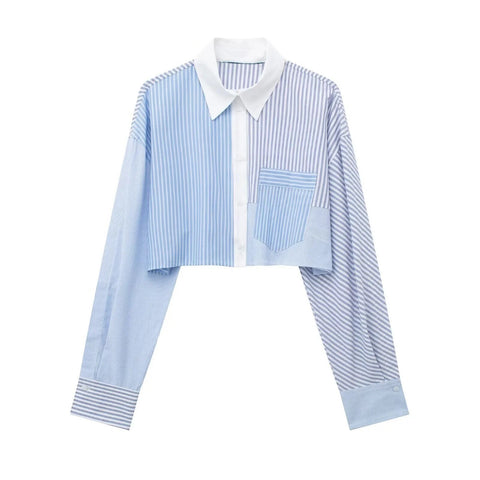 New Fashion  Basic Blue Stripe Shirt Loose Crop Top And Pent CODE: KAR2520