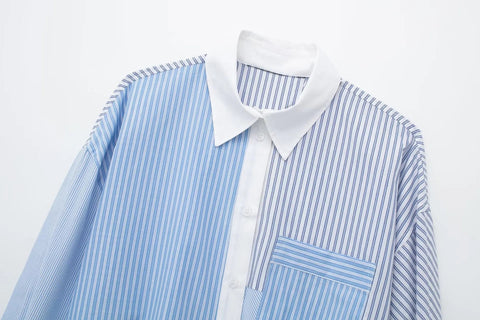 New Fashion  Basic Blue Stripe Shirt Loose Crop Top And Pent CODE: KAR2520