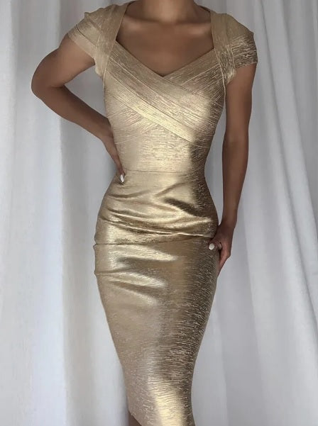 Summer Fashion Sexy Square Collar Bronzing Bodycon Bandage Dress CODE: KAR2526