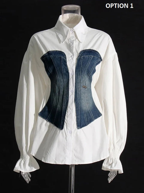 New Fashion Lapel Long Sleeve Spliced Single Breasted Patchwork Shirt CODE: KAR2527