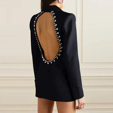 New Autumn Fashion Notched Hollow Out Full Sleeve Backless Diamonds Blazer CODE: KAR2531